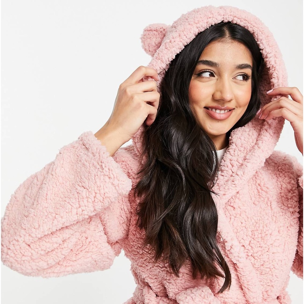 Asos dusty pink teddy bear plush lounge robe size small